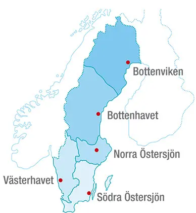 Sveriges fem vattendistrikt. Bottenvikens vattendistrikt, Bottenhavets vattendistrikt, Norra Östersjöns vattendistrikt, Södra Östersjöns vattendistrikt och Västerhavets vattendistrikt