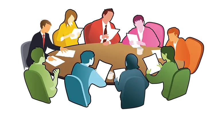 Färgglad illustration som visar en grupp människor som samlats kring ett bord.