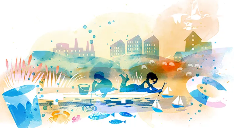 Illustrationen visar två barn som leker på en brygga. Det ena barnet fiskar och det andra leker med båtar. I bakgrunden betar kor på en hage framför höghus och en industri. 